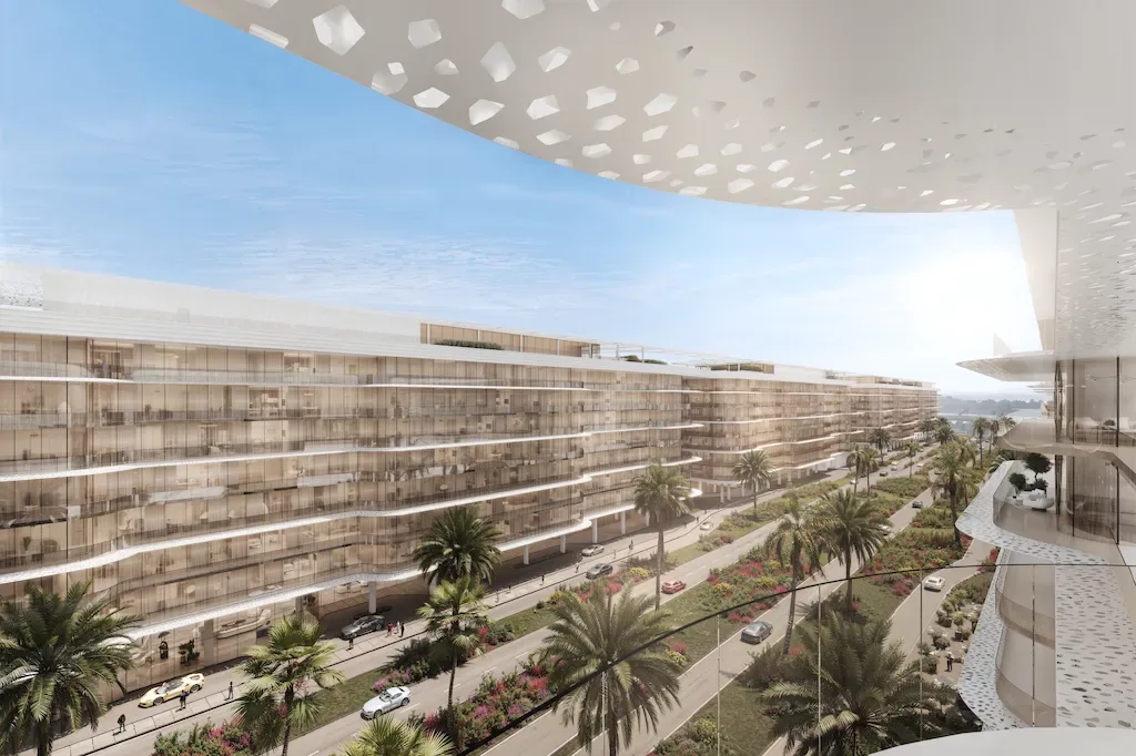 Dubai Harbour Residences — official street facade of the low-rise glass bars and planted boulevard