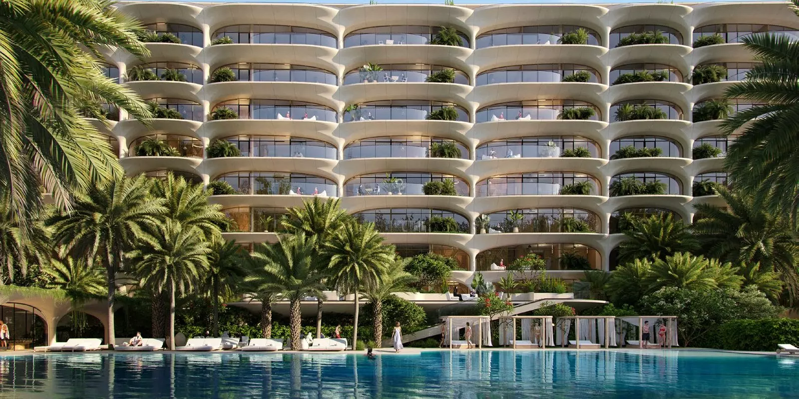 Ocean House by Ellington — courtyard pool and curved balcony façade marketing still