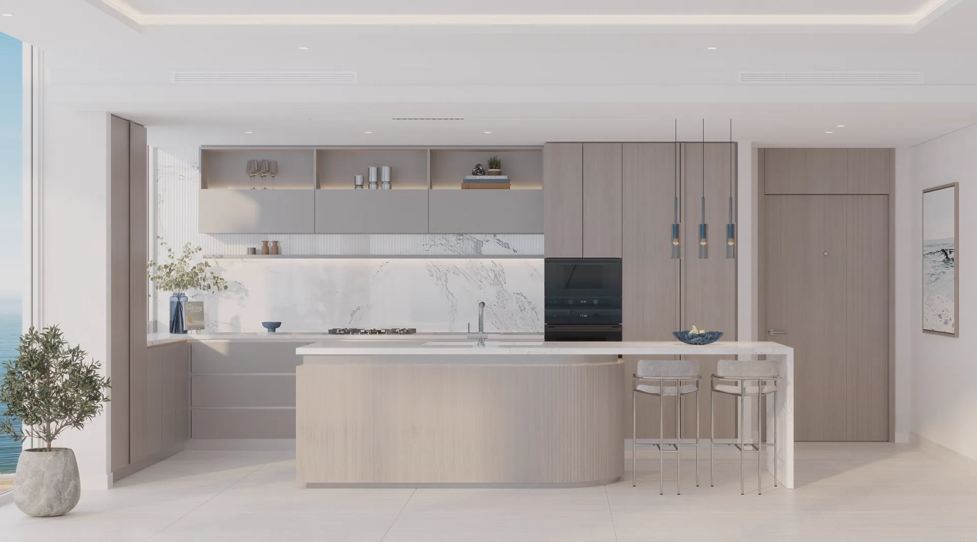 Official Ellington Sands kitchen still — pale timber, marble splashback and sea window