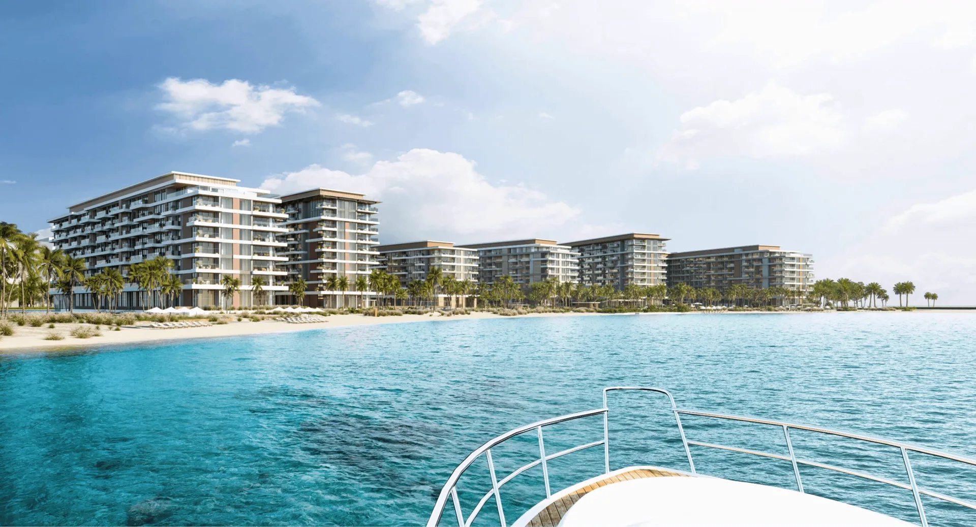 Official Ellington Sands seaward view of the terracotta mid-rise beachfront blocks from the water
