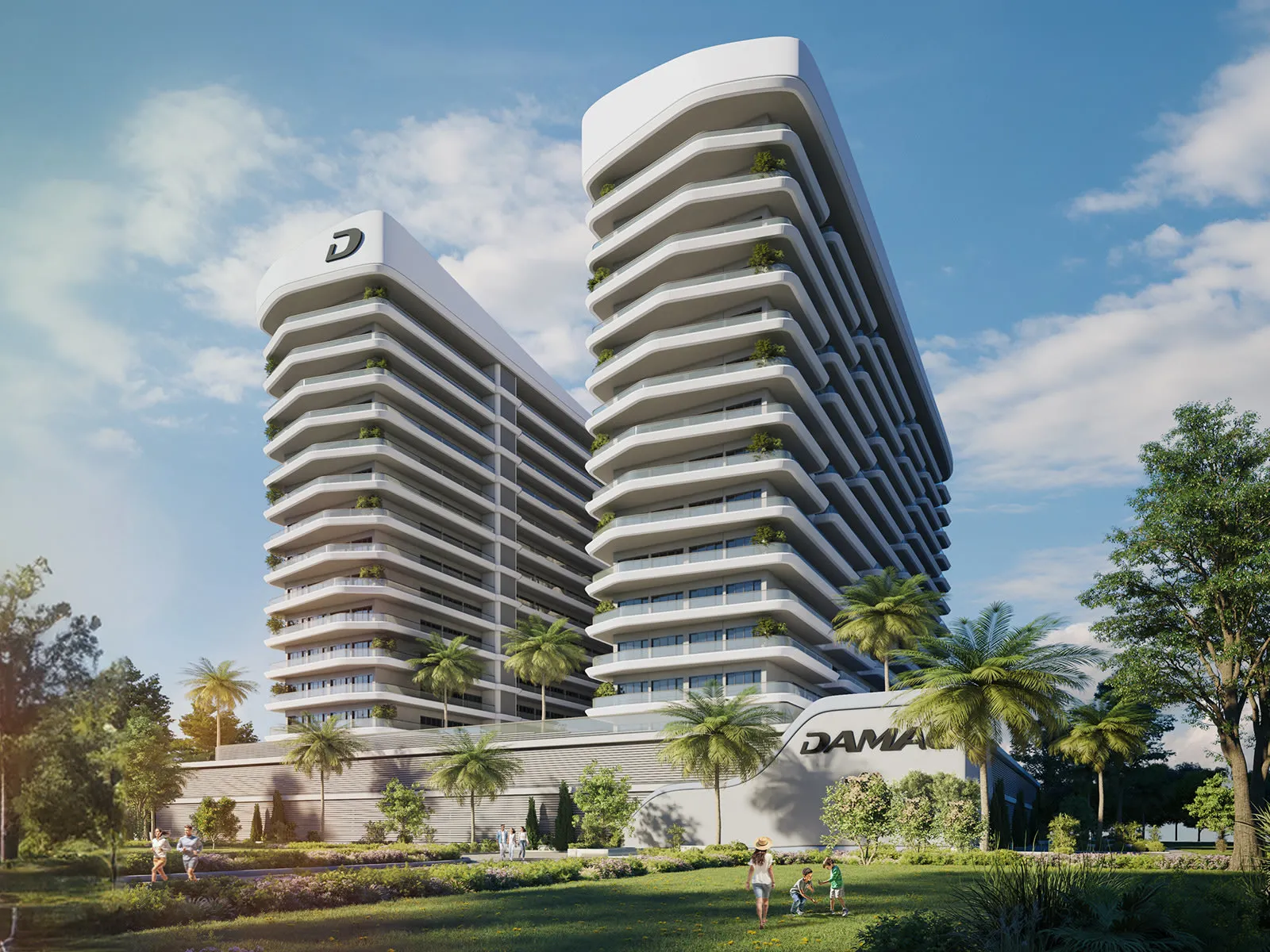 ELO 3 at DAMAC Hills 2 — official DAMAC day exterior of the twin-wing apartment from the lawn