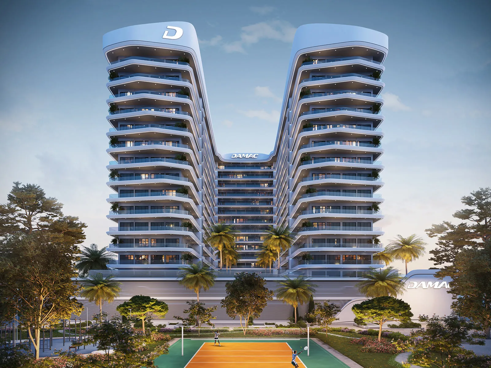 ELO 3 at DAMAC Hills 2 — official DAMAC dusk front of the twin-wing apartment over a sports court