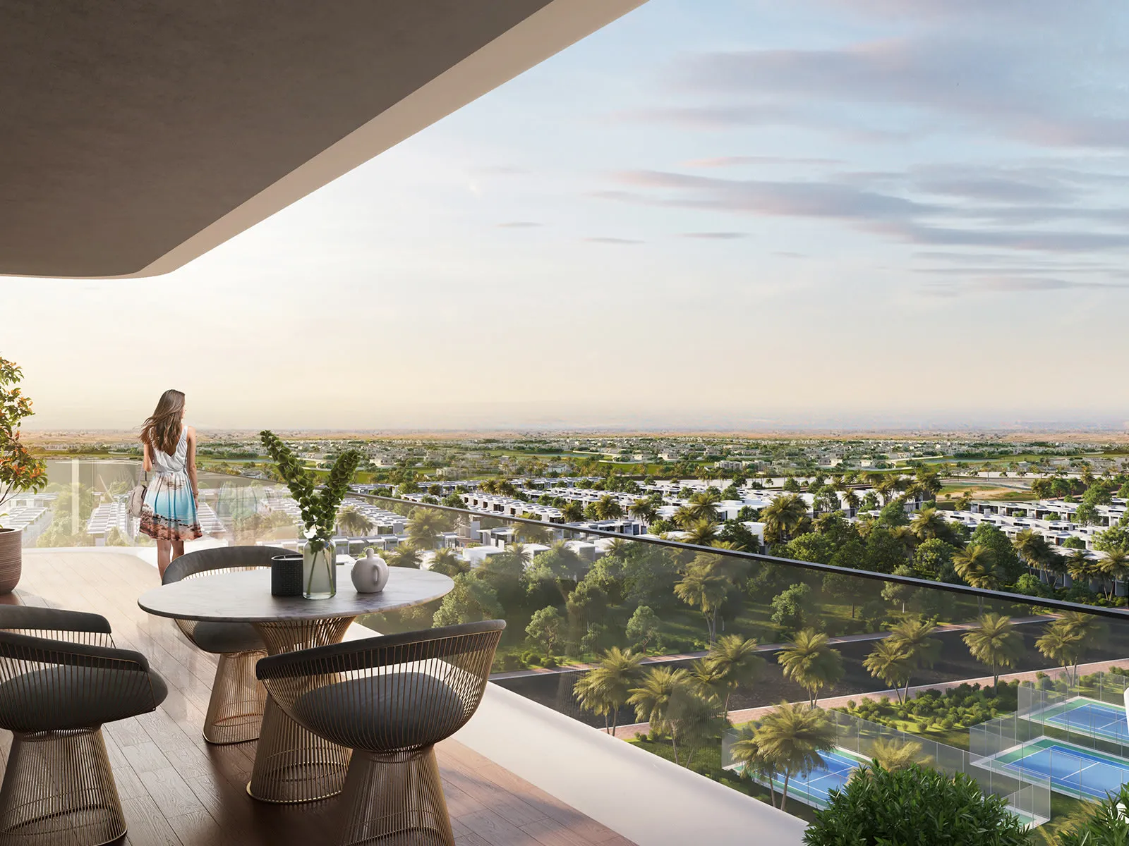 ELO 3 at DAMAC Hills 2 — official DAMAC balcony looking over Hills 2 villas and sports courts