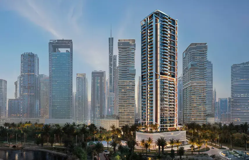 Eltiera Heights — dusk skyline tower marketing still from Property Finder gallery