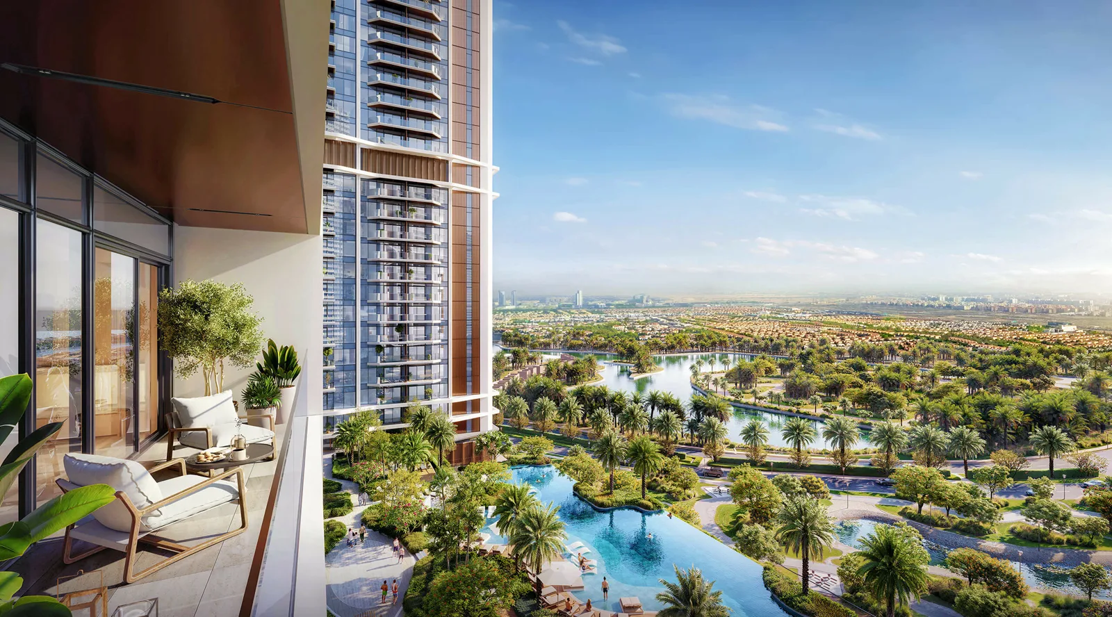 Eltiera Views — balcony and lagoon marketing still from Ellington official product gallery