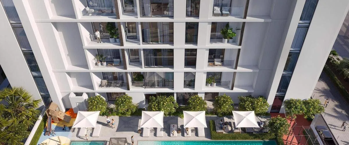 Evergr1n House 4 by Object 1 — marketing courtyard pool and white balcony stack