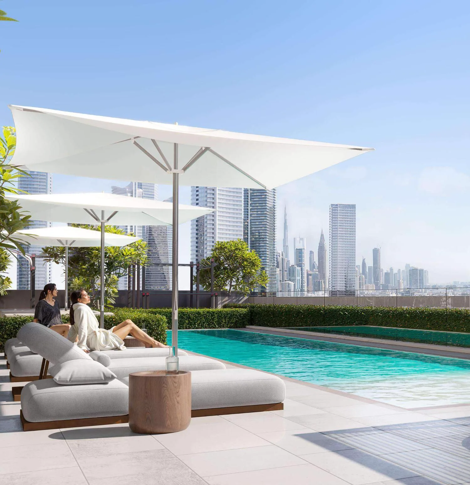 Evergr1n House 4 by Object 1 — marketing rooftop swimming pool with Downtown skyline
