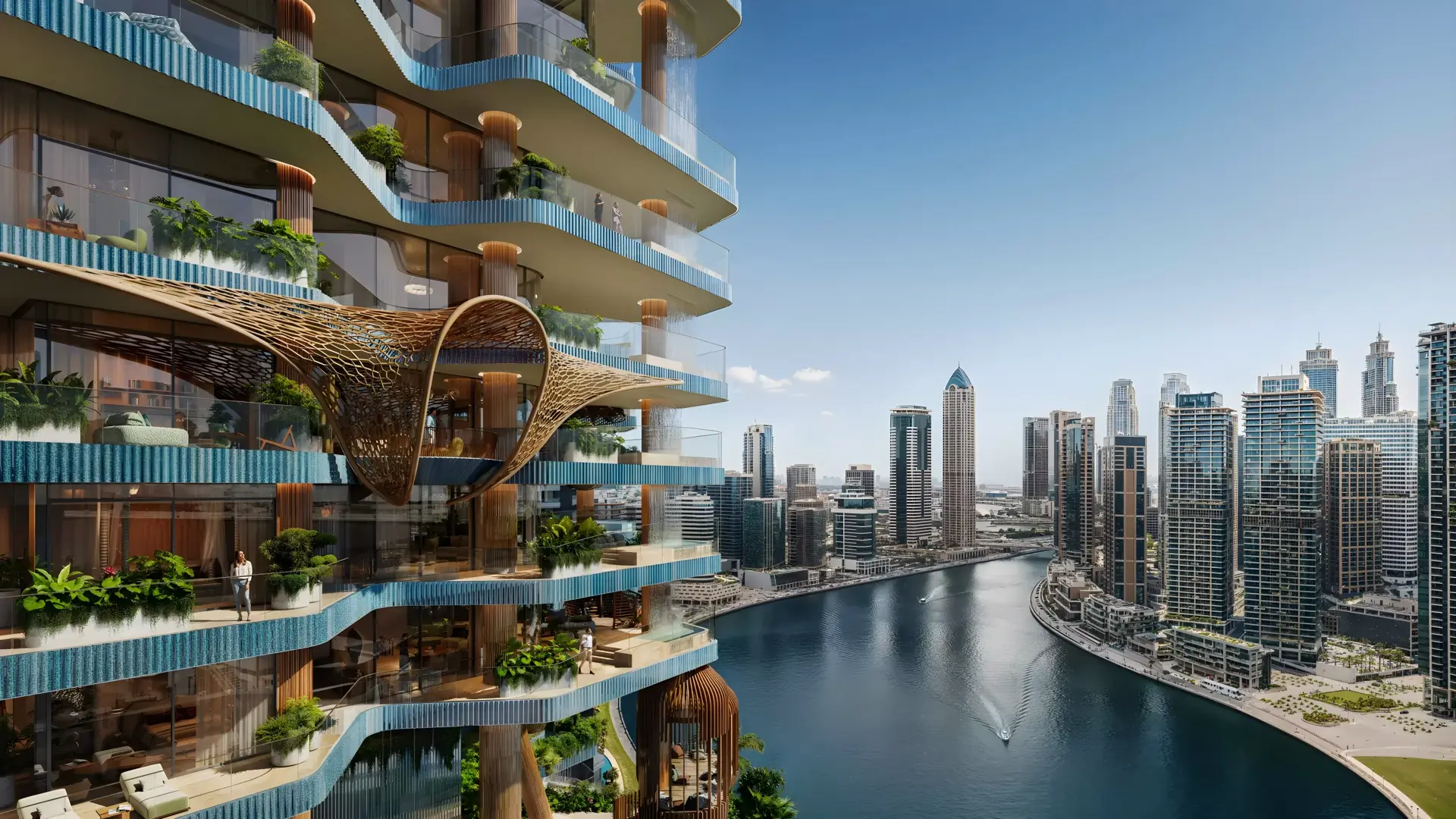 Eywa Way of Water — canal-side marketing façade with woven balcony and Dubai Water Canal