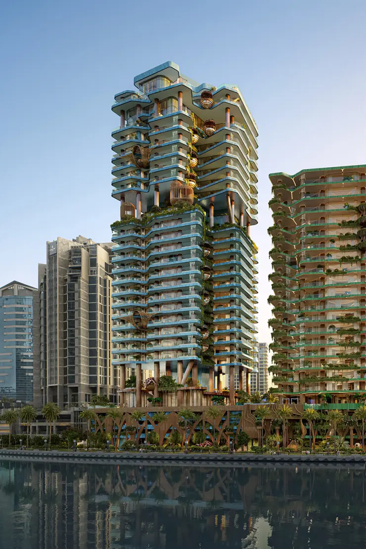 Eywa Way of Water — full-tower marketing exterior from the canal, sister Tree of Life at the right edge