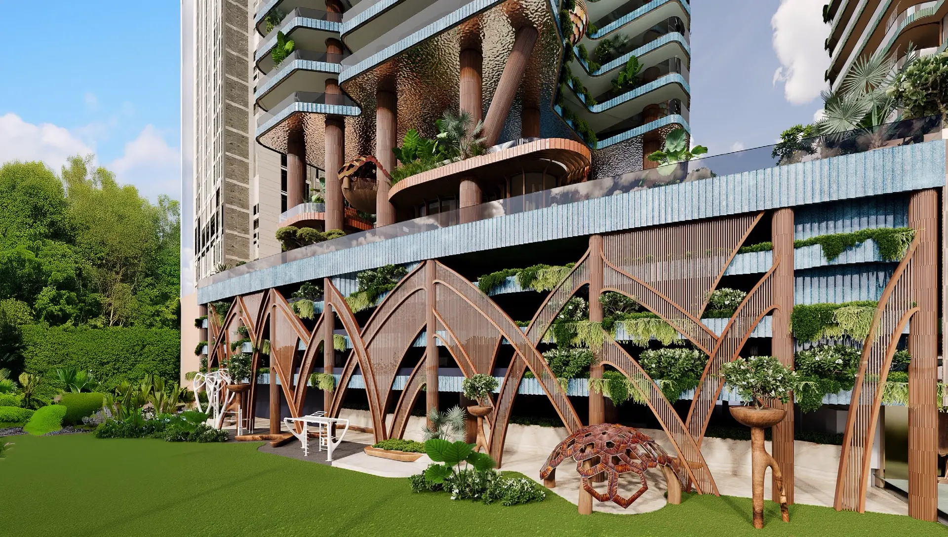 Eywa Way of Water — official presentation still of the coral-arch podium and landscaped ground