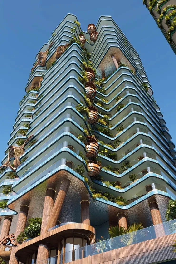 Eywa Way of Water — close marketing exterior of the hanging woven pods and teal balcony bands