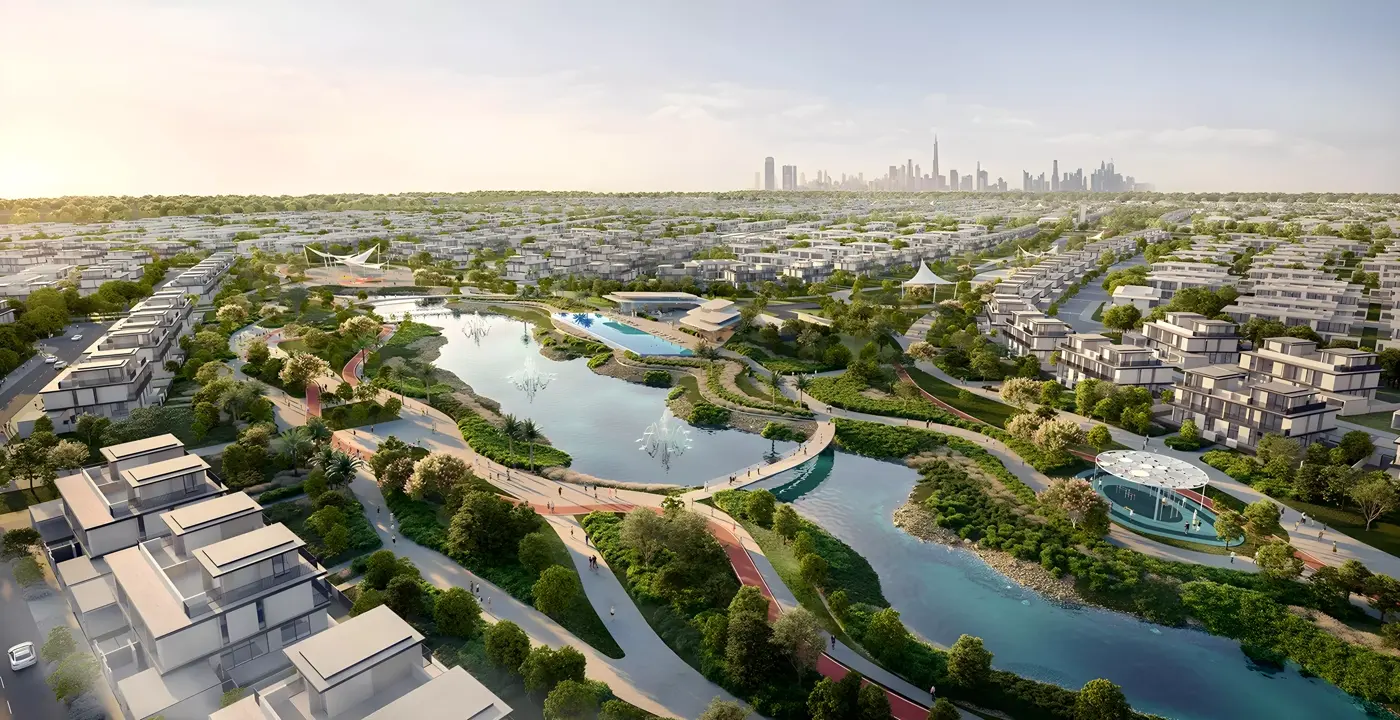 Faro At The Heights — Heights community aerial marketing still (lakes, green corridors, low-rise fabric)