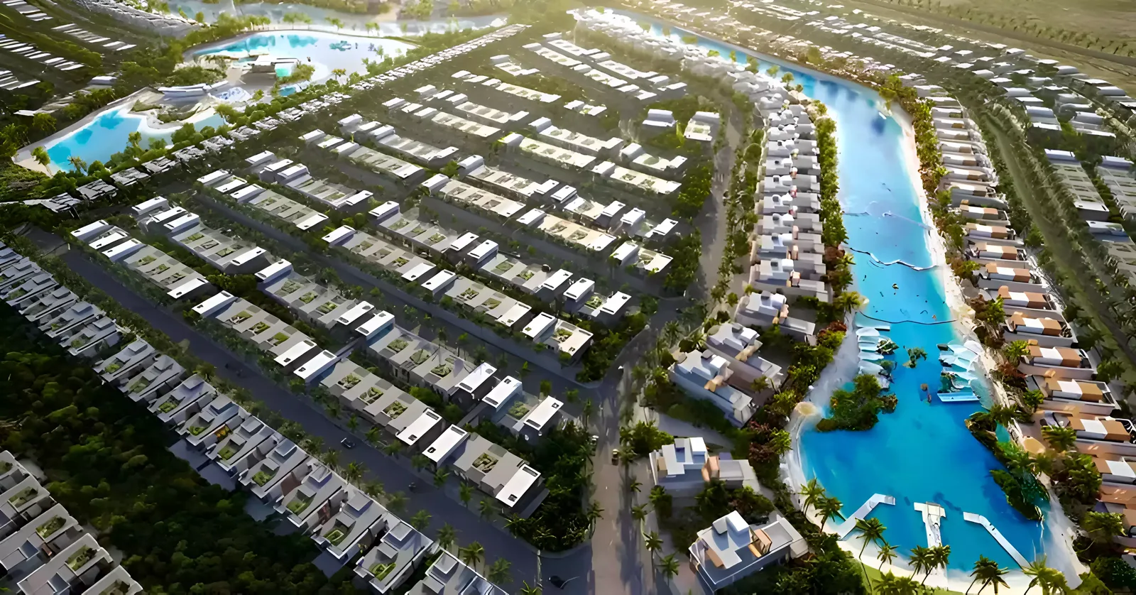 Fiji 2 at DAMAC Islands — Property Finder aerial of townhouse rows, lagoon beach and aqua hub inside DAMAC Islands