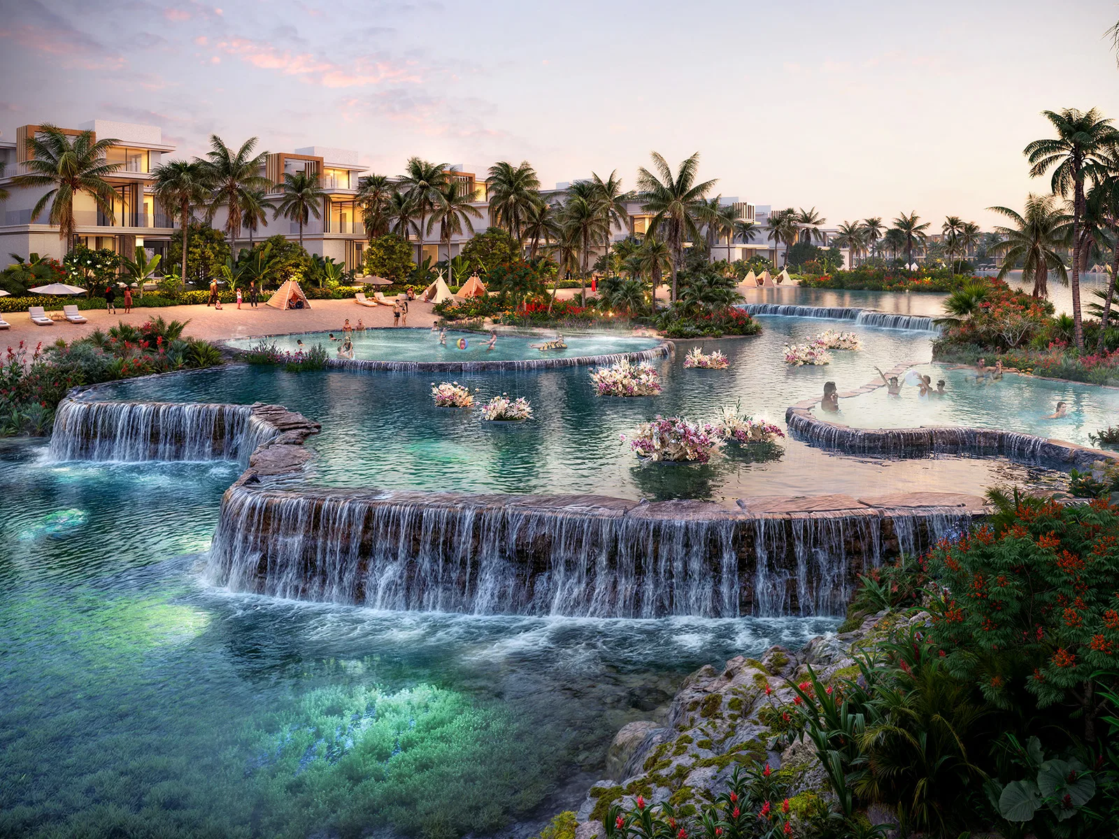 DAMAC Islands parent — official still of lagoon waterfalls with low-rise homes behind