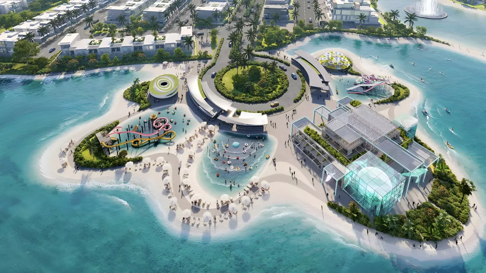 Fiji at DAMAC Islands — Property Finder aerial of the DAMAC Islands aqua hub, slides and glass pavilion with townhouse rows behind