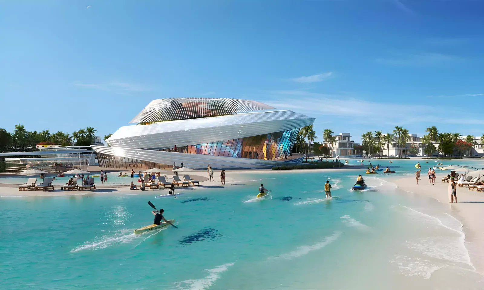Fiji at DAMAC Islands — Property Finder still of the sculptural beach pavilion with kayaks and jet-skis on the lagoon