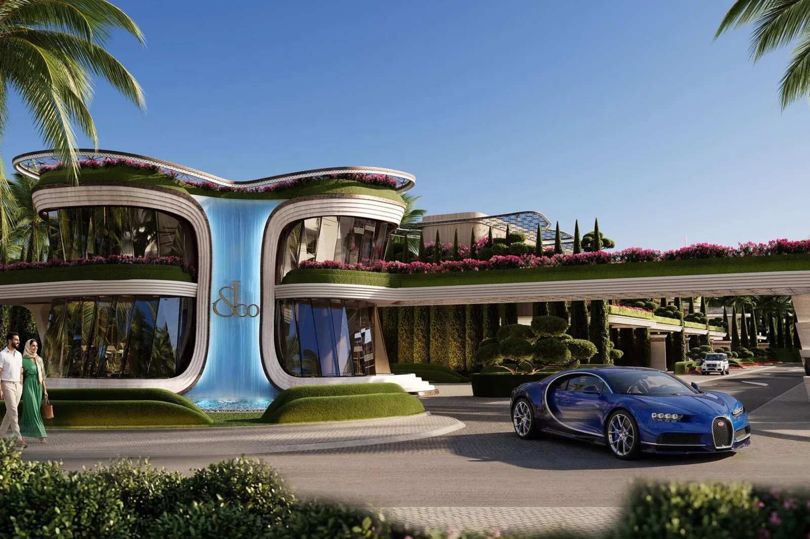 Fleurs de Jardin — clubhouse entrance with waterfall facade and &Co branding