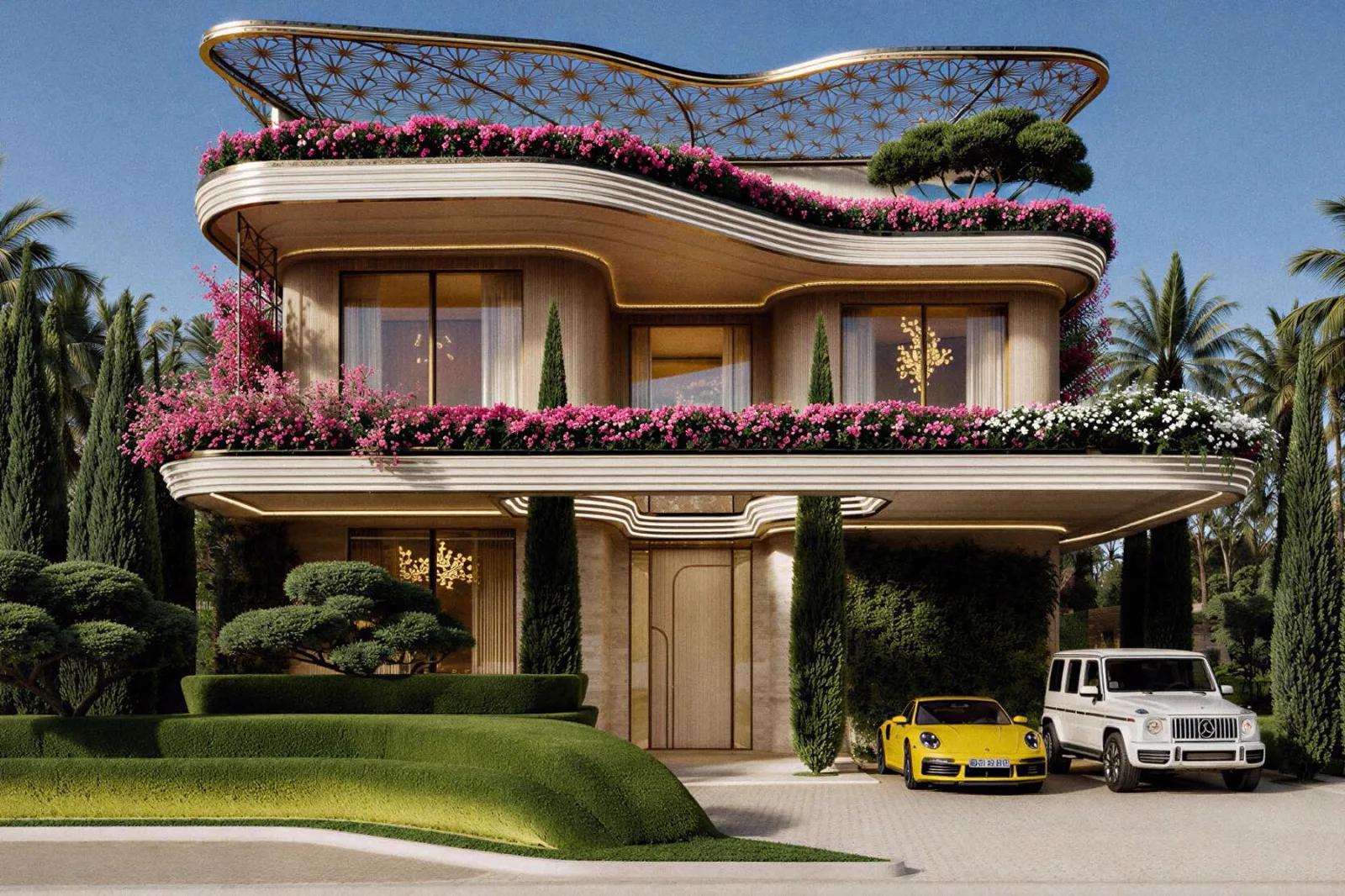 Fleurs de Jardin — stacked villa front with pink planters and lattice canopy roof
