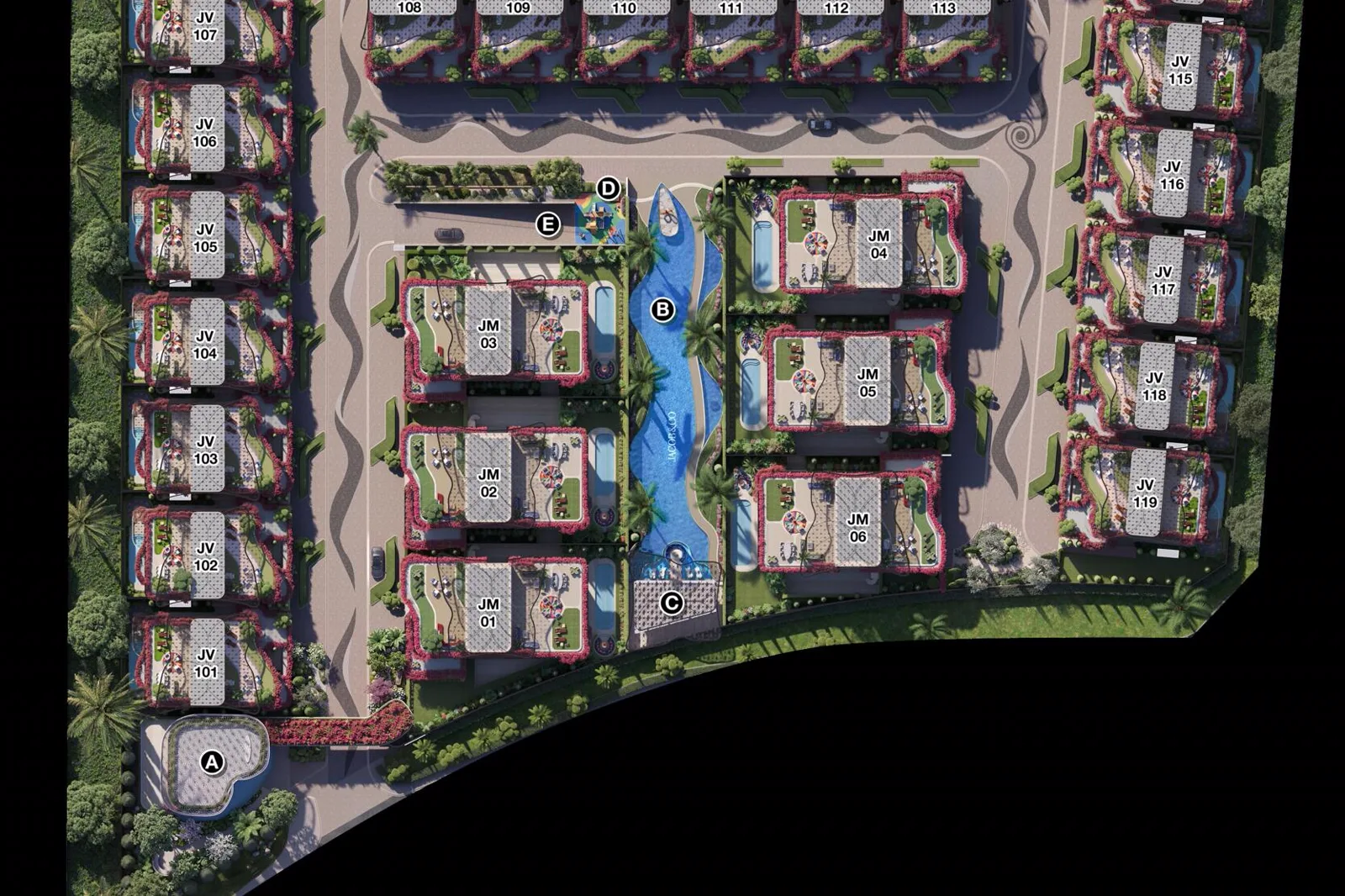 Fleurs de Jardin — labelled cluster plan with JV villas and JM mansions around the lagoon