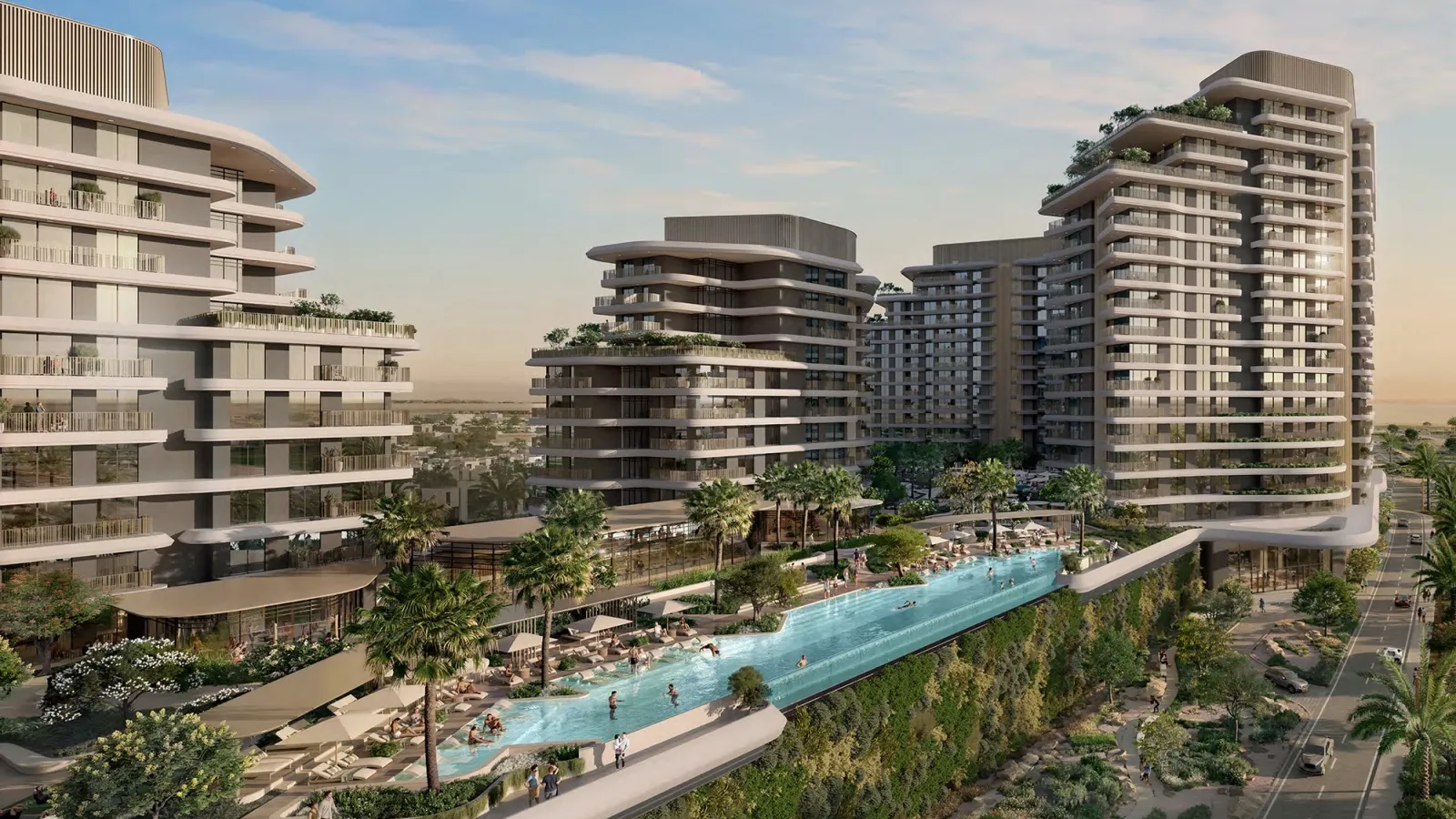 Forest at Verdes by Haven — marketing aerial of apartment towers and green courtyard