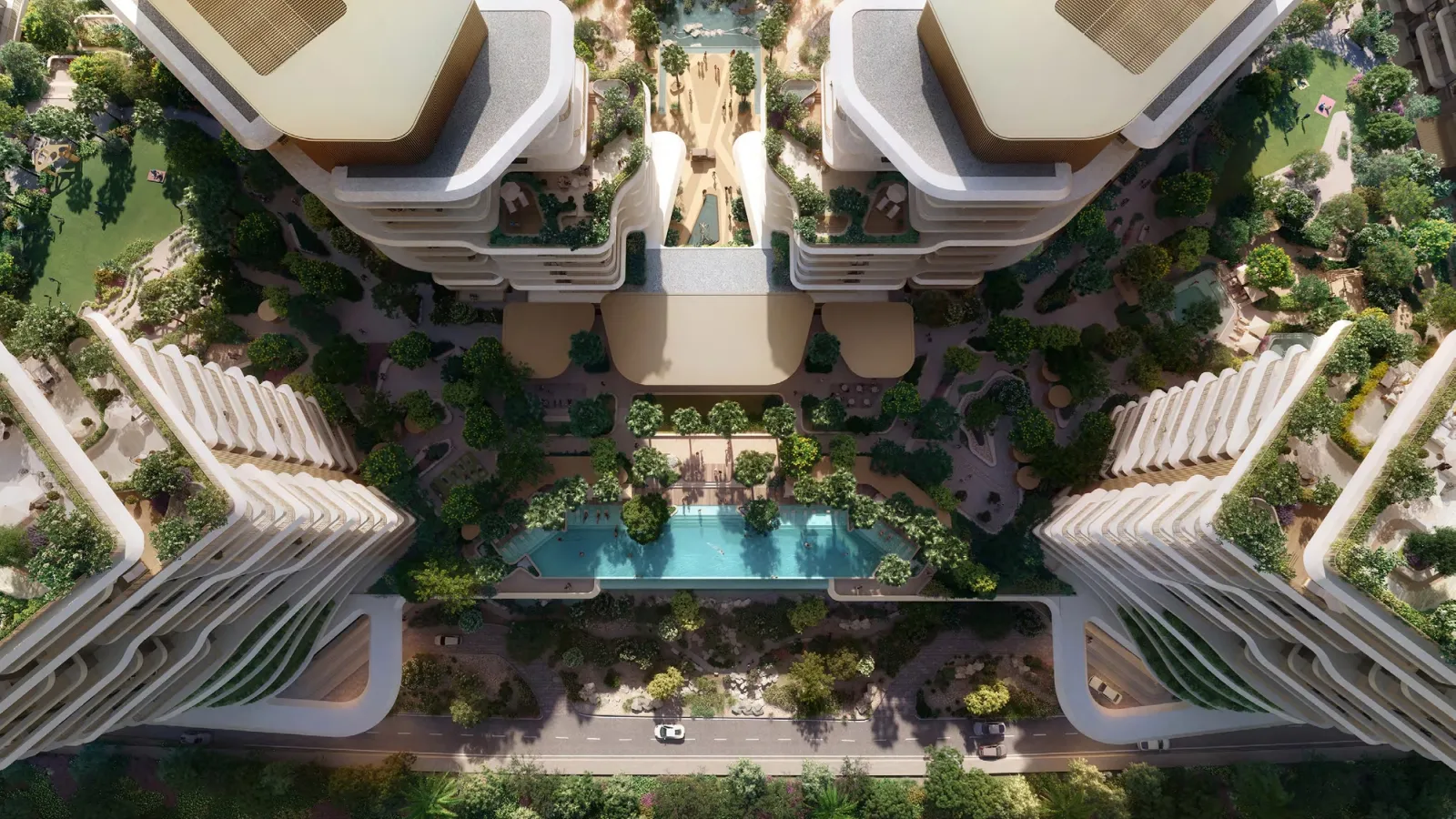 Forest at Verdes by Haven — marketing still of tower façades and landscaping