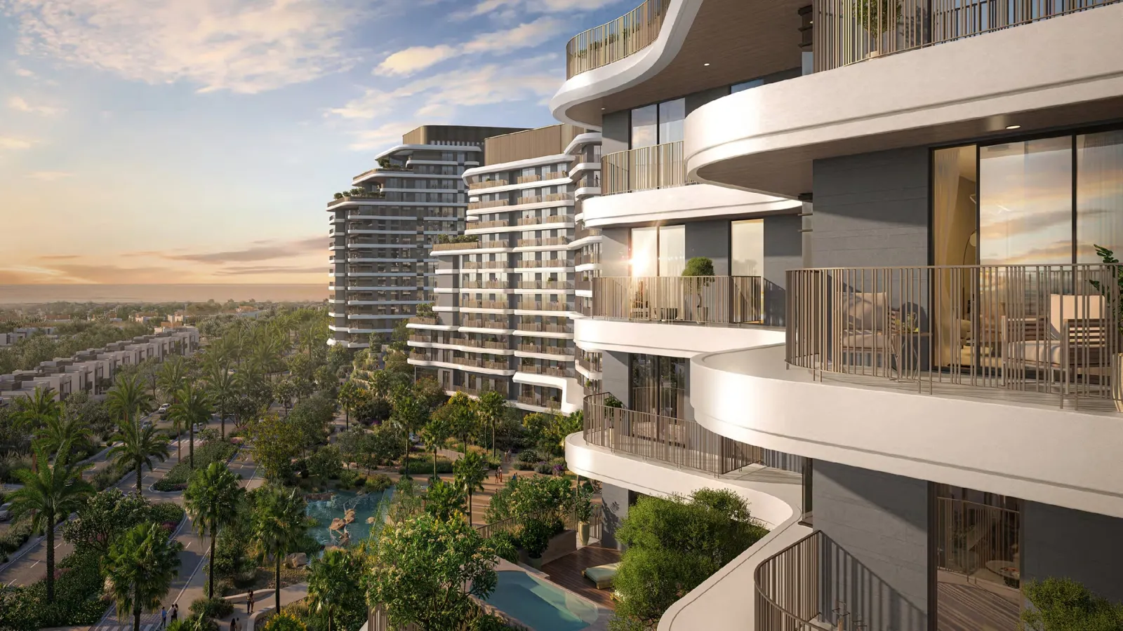 Verdes by Haven community marketing still — landscaped amenity and residential massing