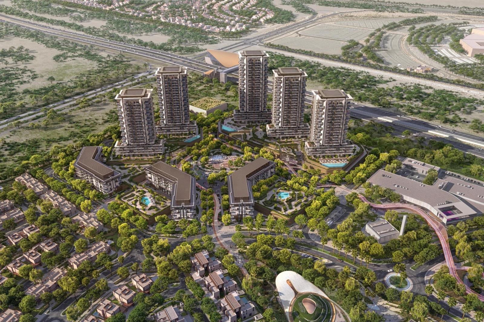Rise by Athlon apartment cluster aerial — low-rise residences (Foundry type) with high-rise towers behind (collection context)