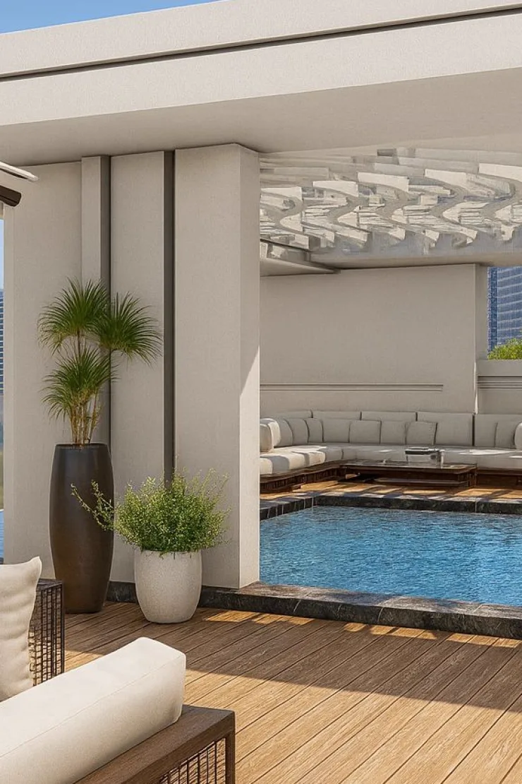 Galleria Residences — rooftop pool and pergola matching the planted deck on the official still