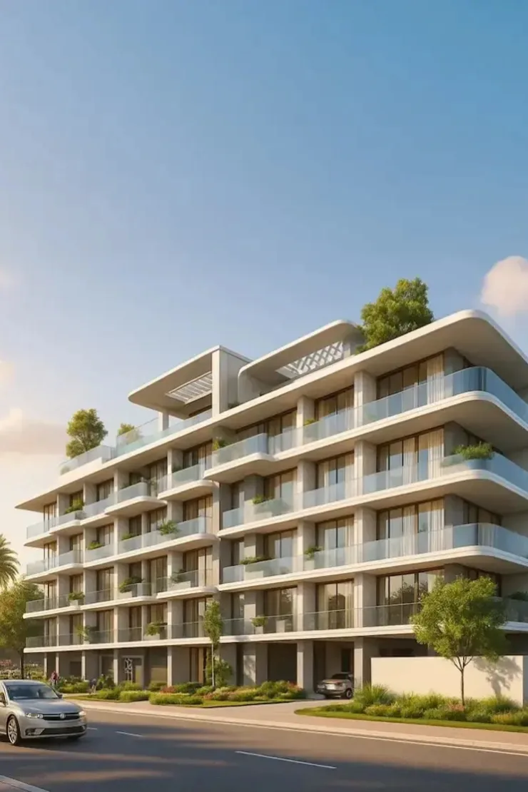 Galleria Residences — street-angle artist impression of the same G+4 from the far pavement