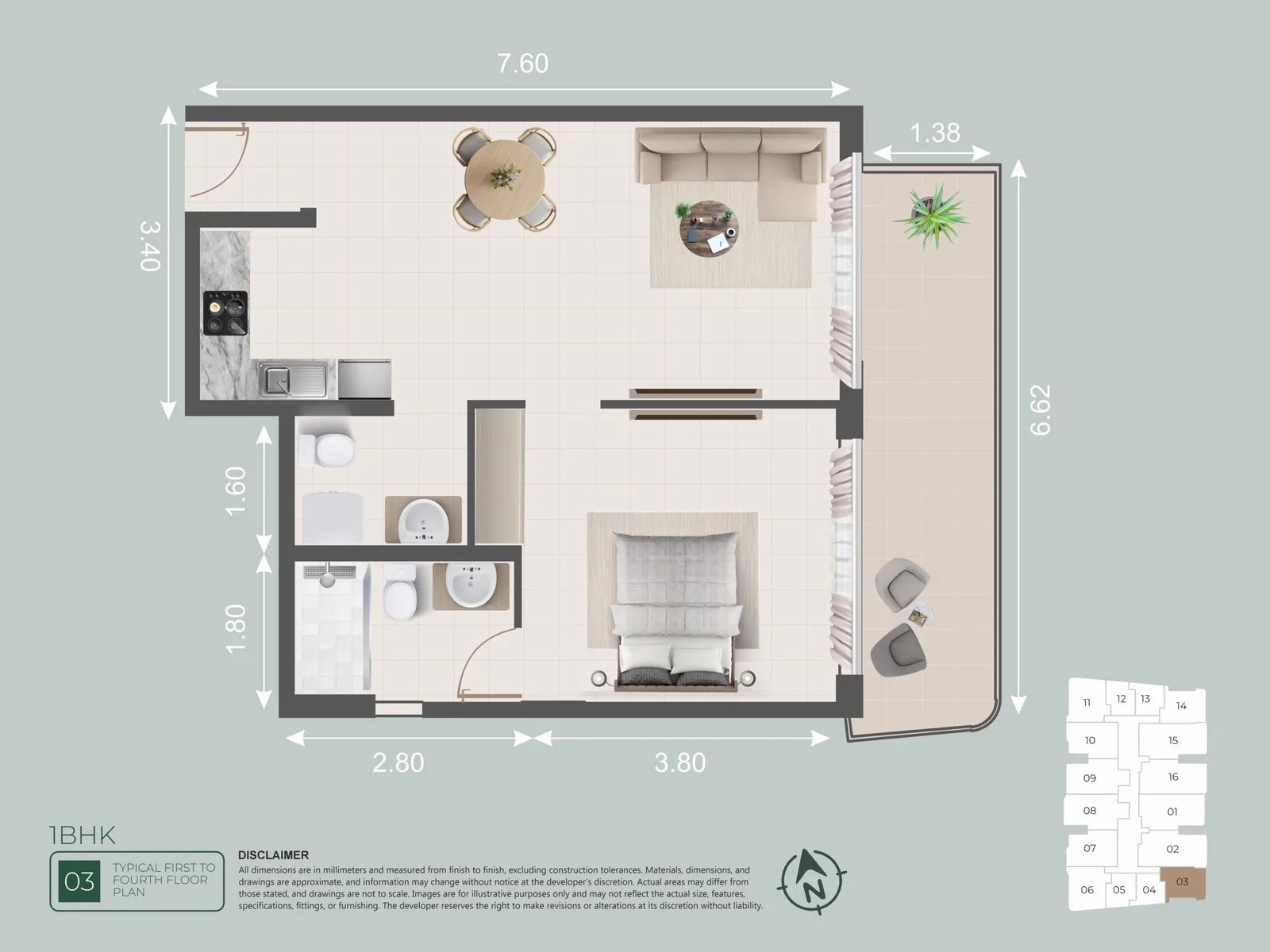 Galleria Residences — official 1-bedroom type 03 typical first-to-fourth-floor plan