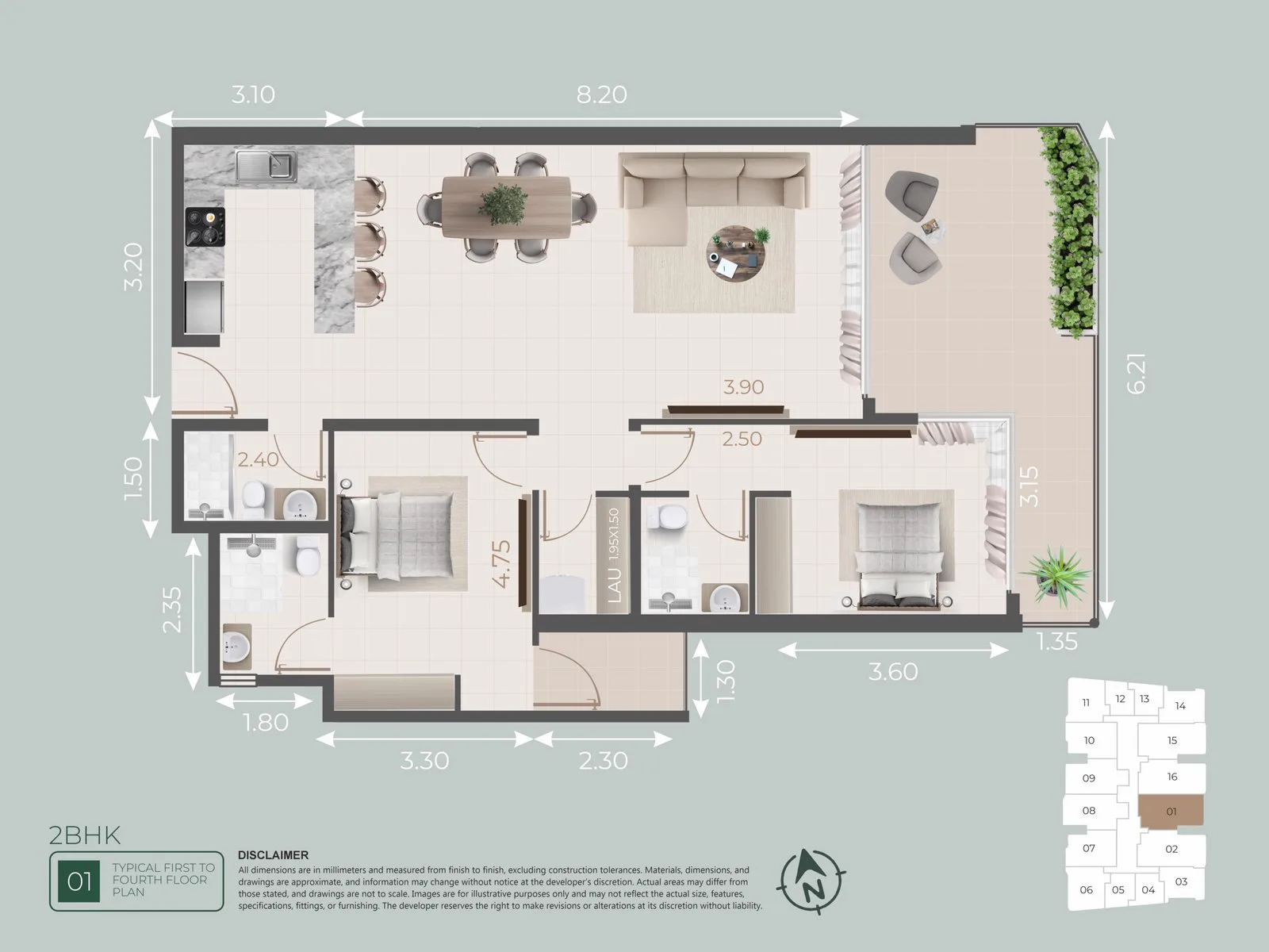 Galleria Residences — official 2-bedroom type 01 typical first-to-fourth-floor plan