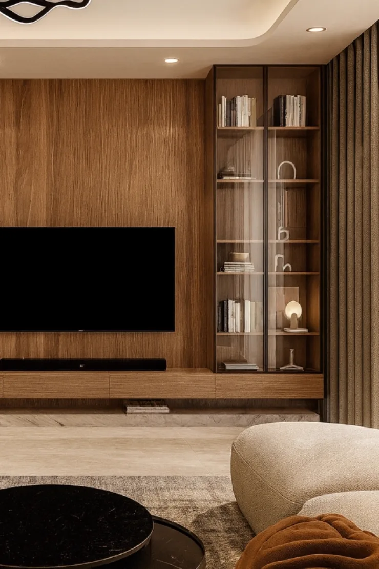 Galleria Residences — living-room artist impression with timber TV wall