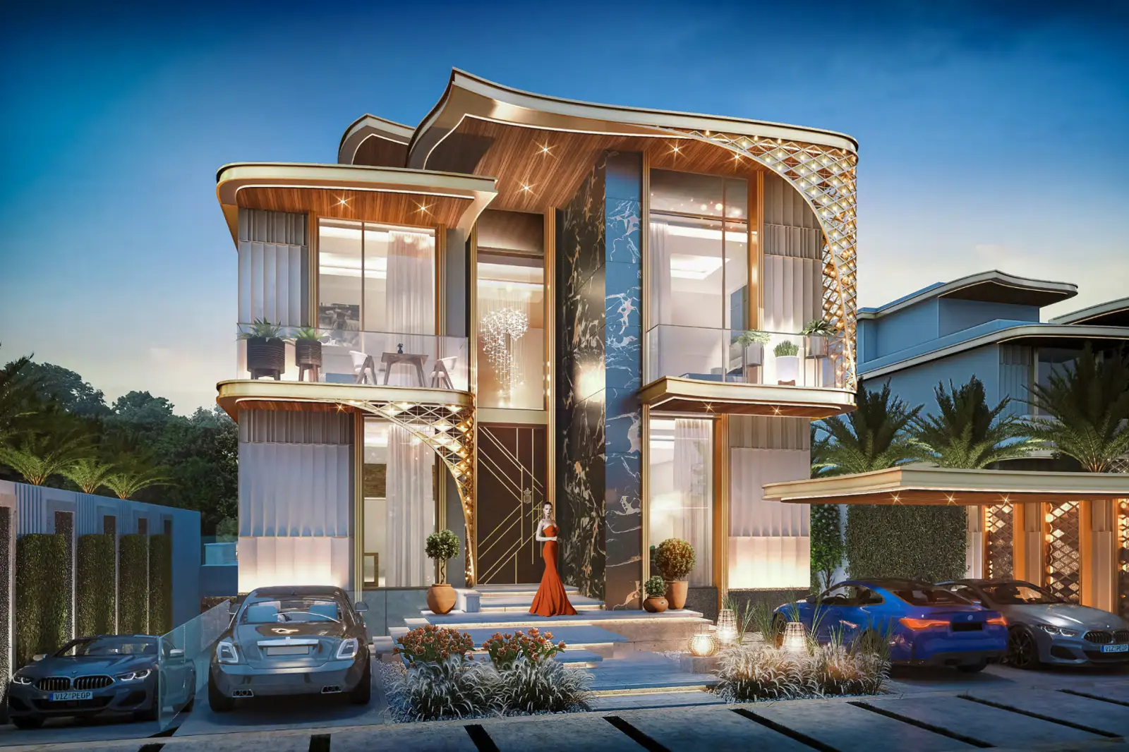 Gems Estates 2 — night front elevation of a branded villa