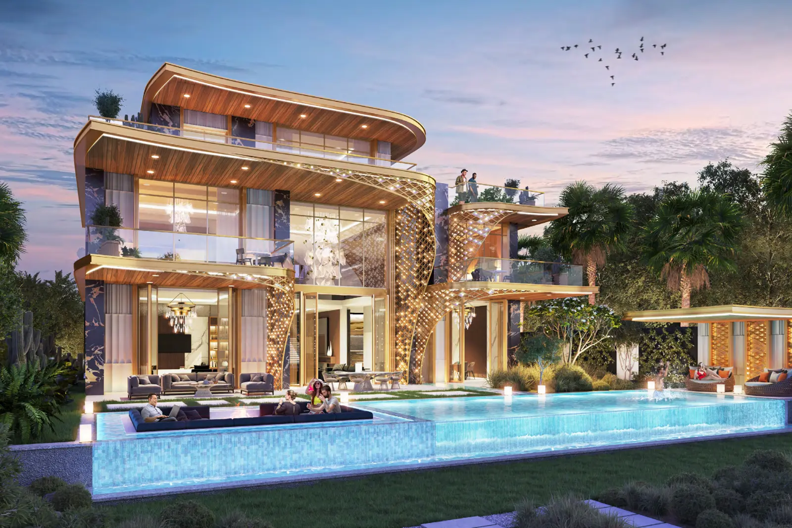 Gems Estates 2 — garden and illuminated pool elevation