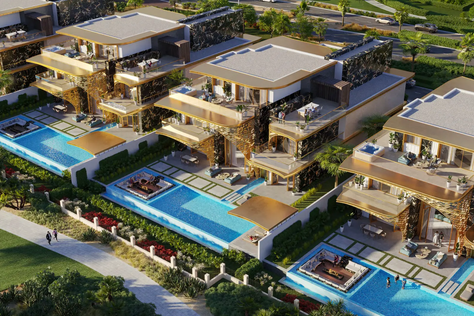 Gems Estates 2 — marketing aerial of pool-front branded villas