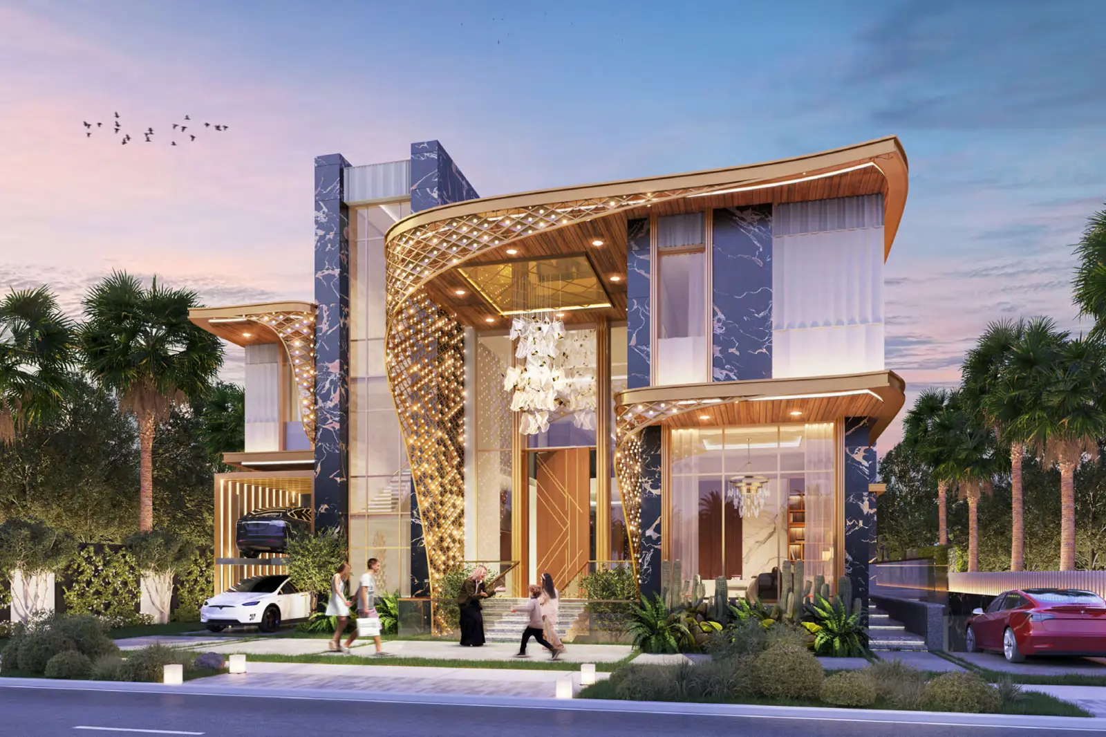 Gems Estates 2 — street elevation of a gold-lattice branded villa