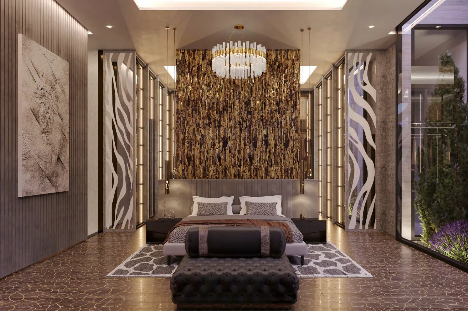 Gems Estates 2 — marketing bedroom interior with gold feature wall