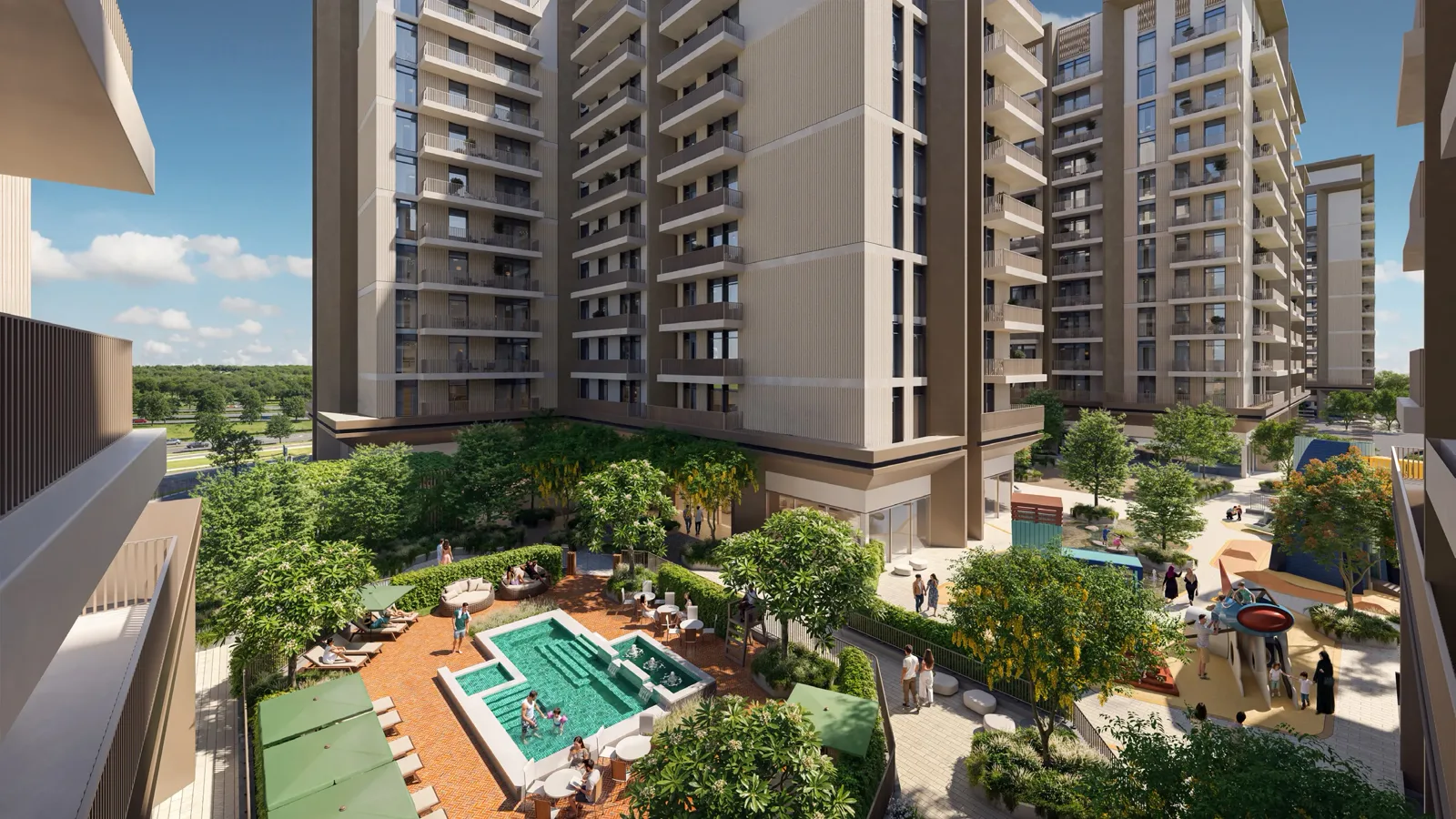 Ghadeer at Expo Valley Views — marketing courtyard and building facade render