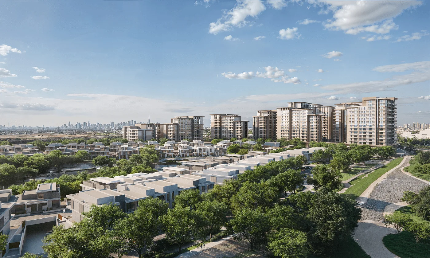 Expo Valley Views community — official aerial marketing render of the low-rise valley cluster