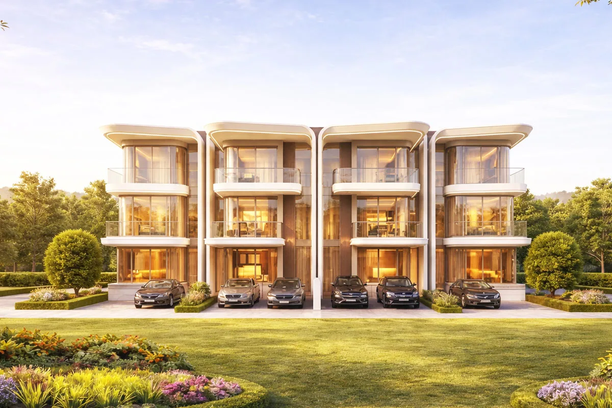 Greenz by Danube — townhouse front with cars and landscaping marketing render