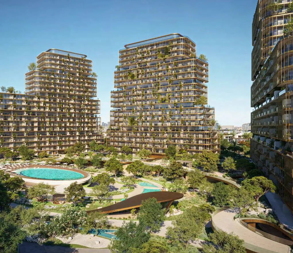 Hado by Beyond — waterfront exterior marketing still of the landscaped tower cluster