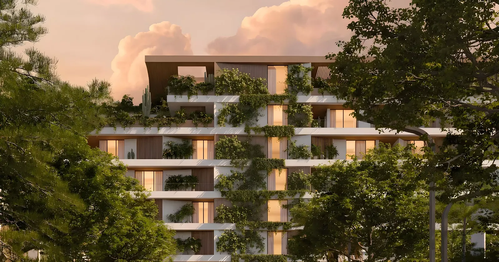 Haven at Lunaya Terraces — daytime facade with planted terraces