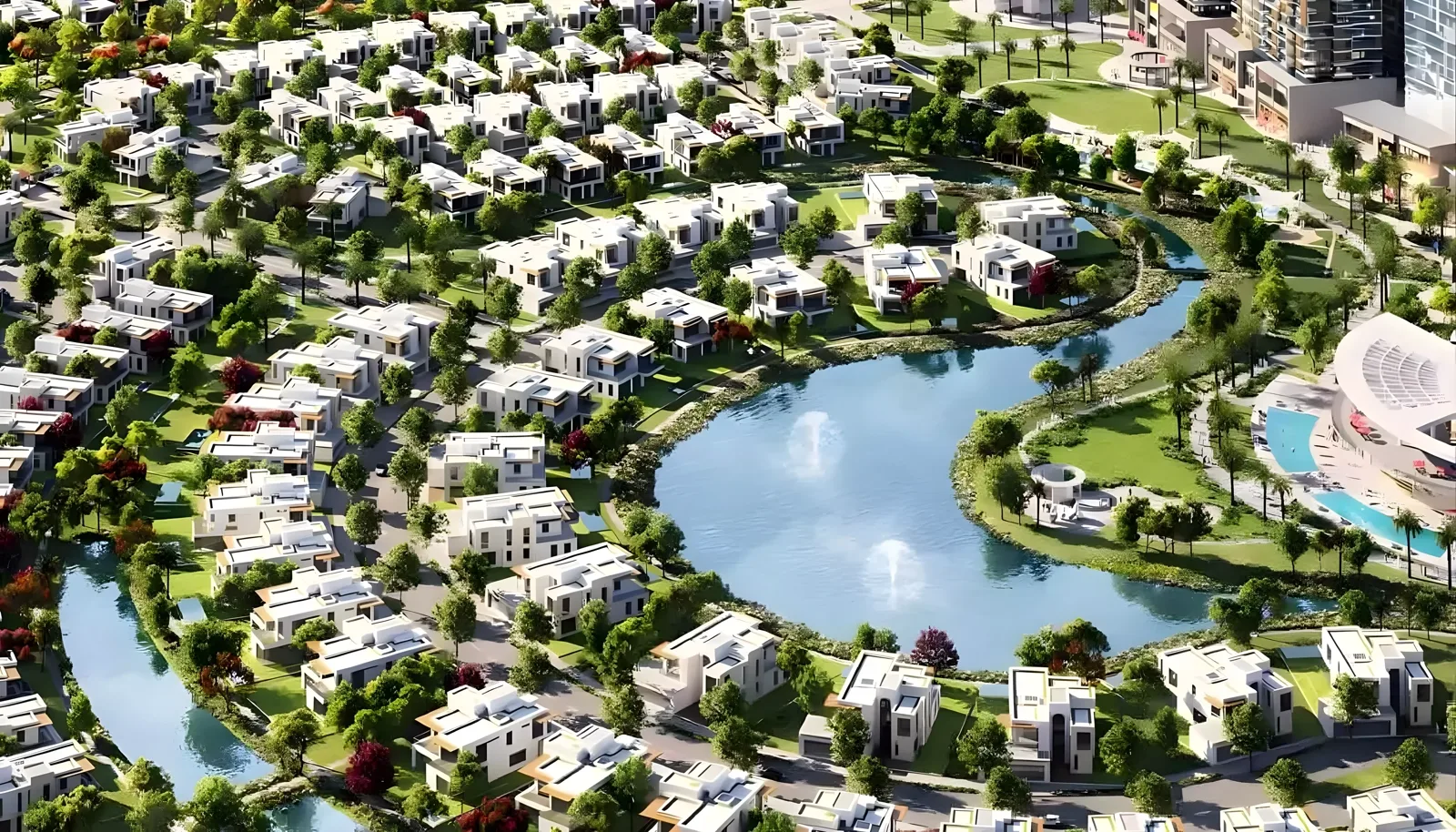 Hayat Dubai South — marketing aerial of townhouses around the lagoon