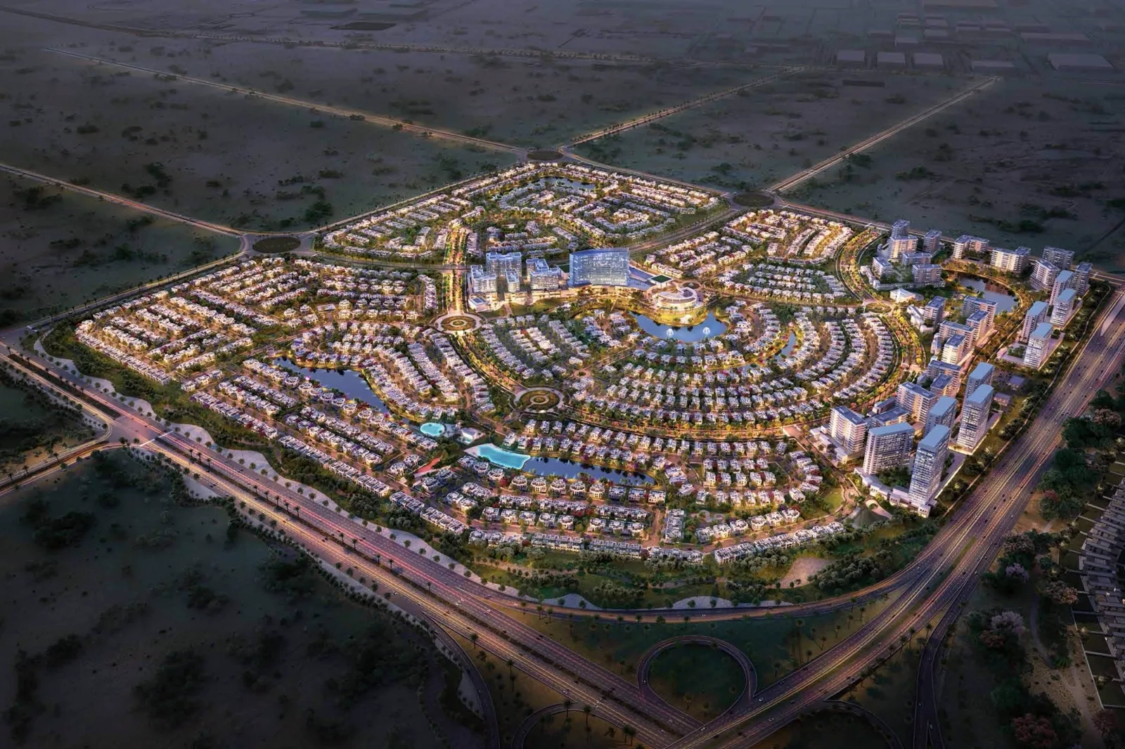 Hayat Dubai South — night masterplan aerial of the Golf District residential community