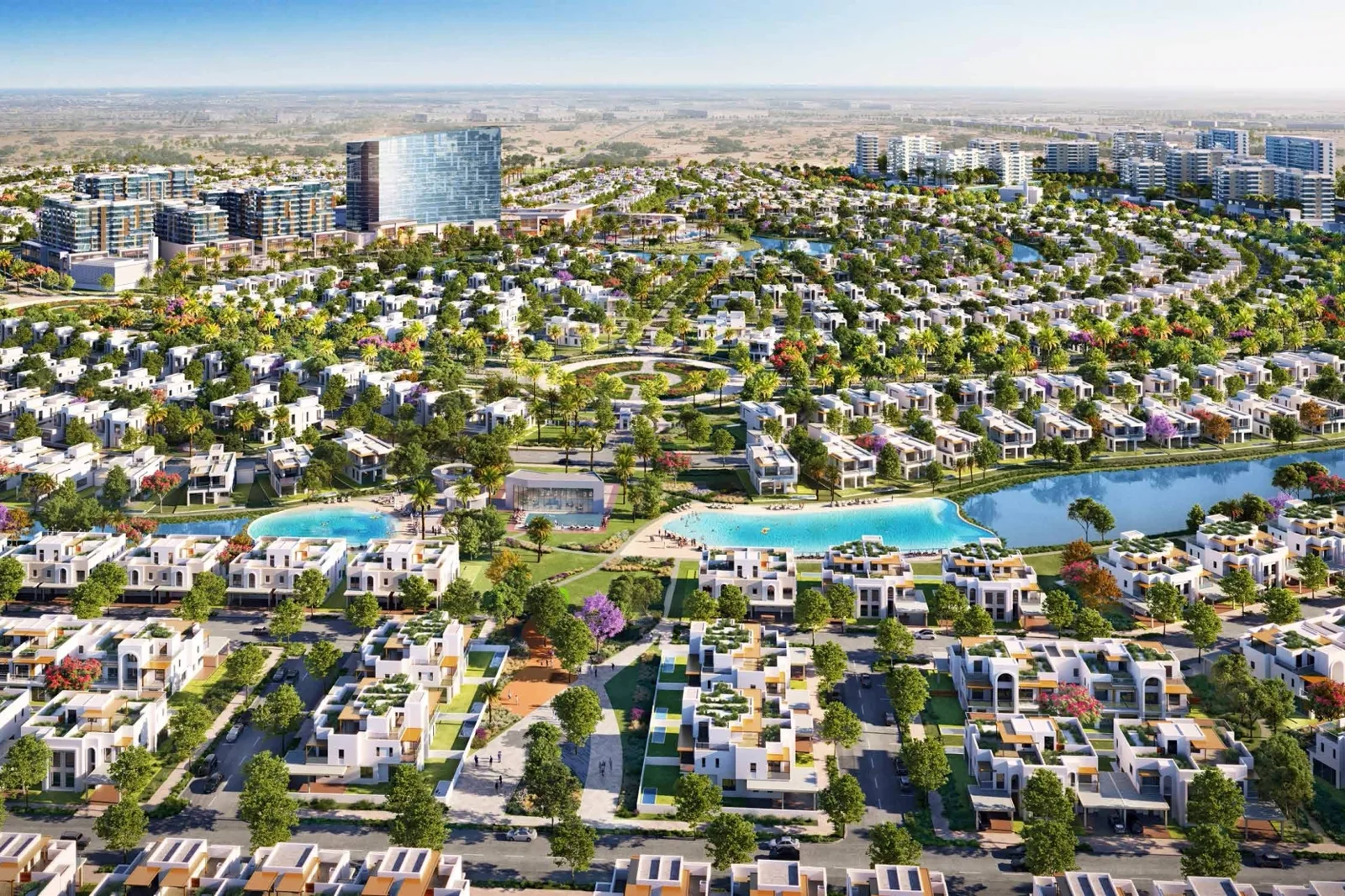 Hayat Dubai South — marketing aerial toward lagoon, pools and mid-rise commercial core