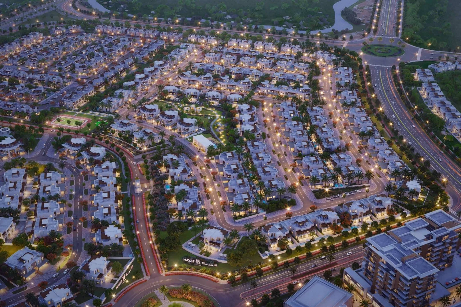 Hayat 4 Dubai South — Propsearch marketing still of townhouse cluster and landscaping