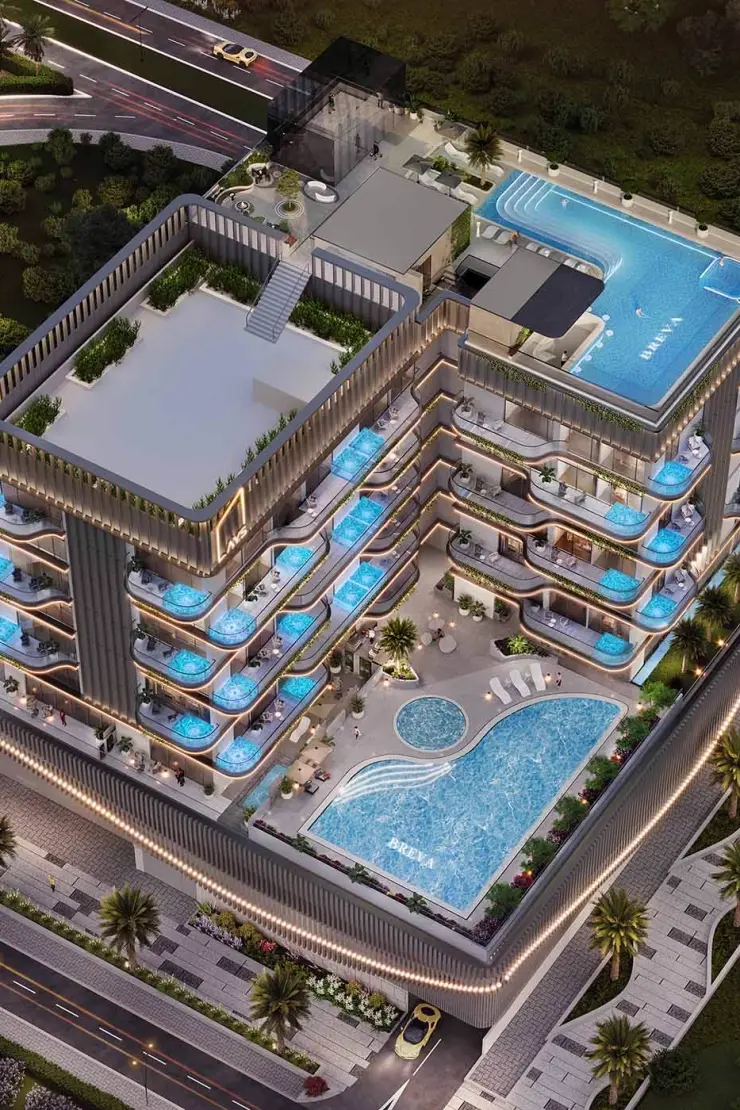 Heritage Collection 1 — Propsearch aerial of the same building with BREVA printed in the rooftop and podium pools