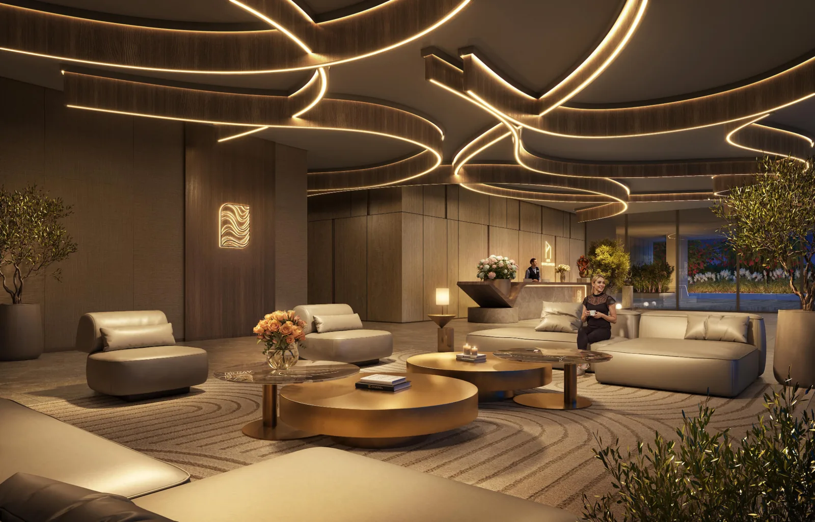 Heritage Collection 1 — official lobby with curved gold lighting and AYS wave mark