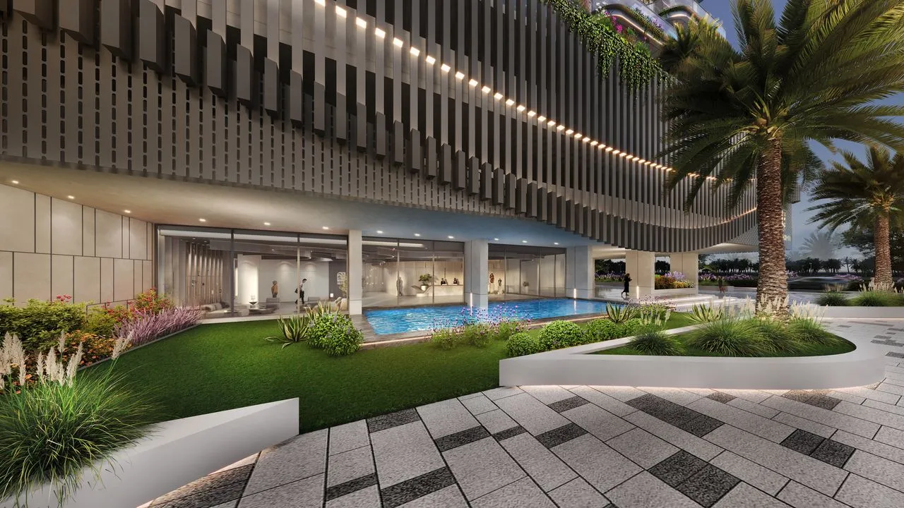 Heritage Collection 1 — official podium pool under the vertical-fin soffit
