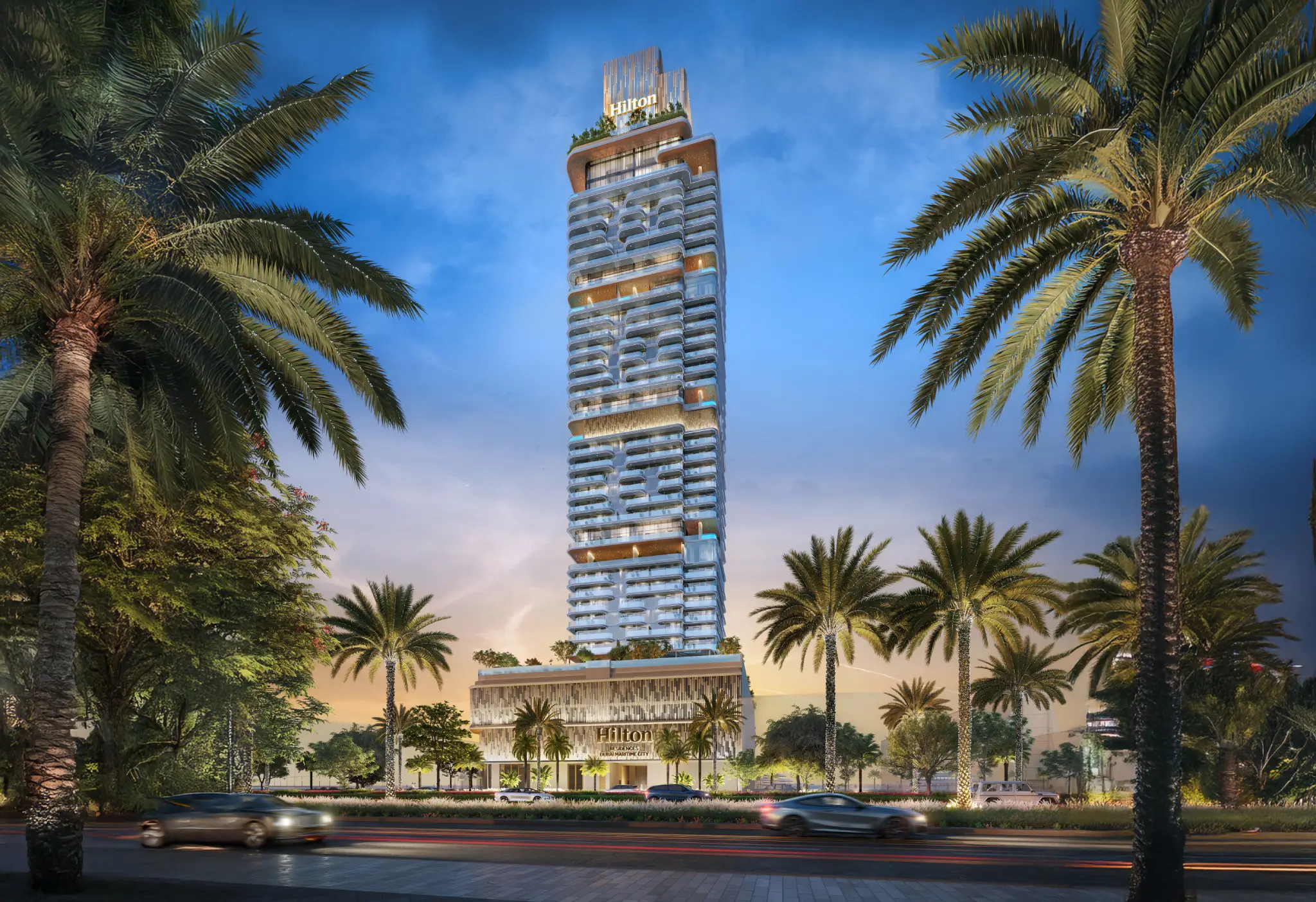 Hilton Residences Dubai Maritime City — day exterior architectural render